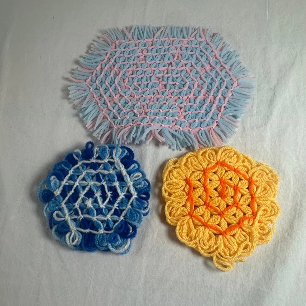 Vintage Handmade Yarn Loom Flower Trivets Coasters Set 3 Boho Retro Kitchen